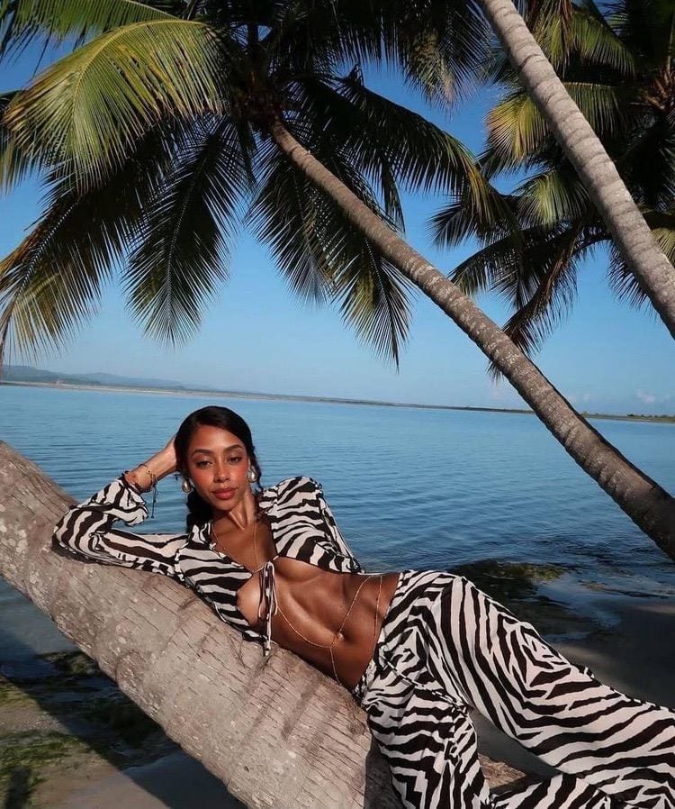 Woman in zebra print reclining on a palm tree trunk.