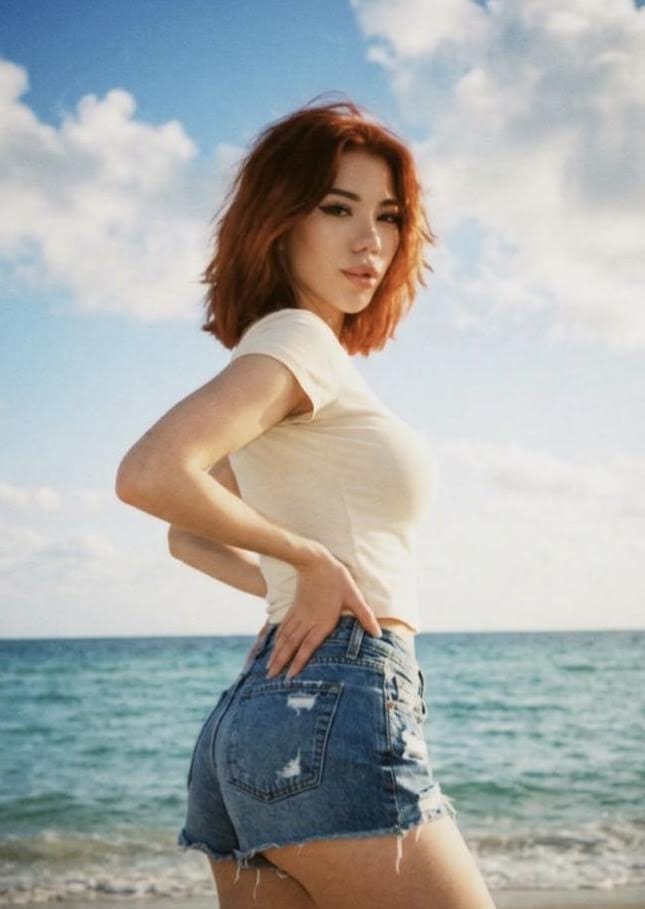 Young woman with red hair posing on a sunny beach.
